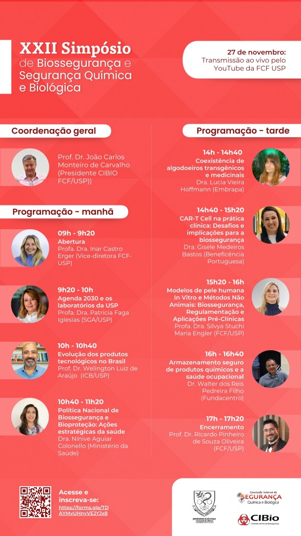 Banner promoting the XXII Symposium on Biosafety and Chemical and Biological Security, featuring schedule details, speakers, and event information.