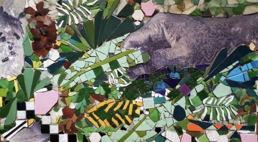 Mosaico colorido com elementos naturais e geométricos, retratando uma mão em contato com plantas e folhas.