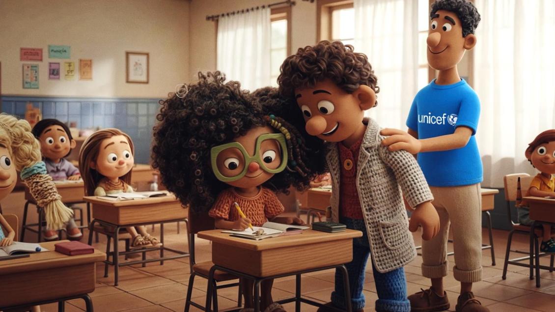 Cena da sala de aula com crianças animadas, incluindo um personagem feminino com cabelo crespo e óculos, escrevendo em uma mesa, enquanto um garoto com cabelo encaracolado a ajuda. Um adulto em uma camiseta azul com o logo do UNICEF observa, acompanhado por outras crianças sorriendo.