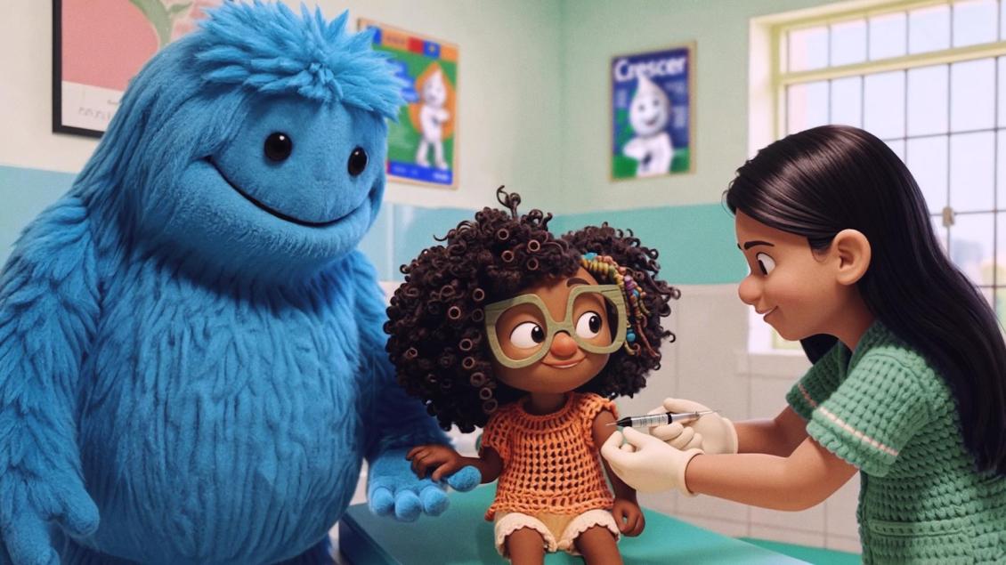 Um personagem azul e peludo, Unicefito, está ao lado de uma menina de cabelo cacheado usando óculos, enquanto uma profissional de saúde aplica uma vacina em seu braço em um consultório.